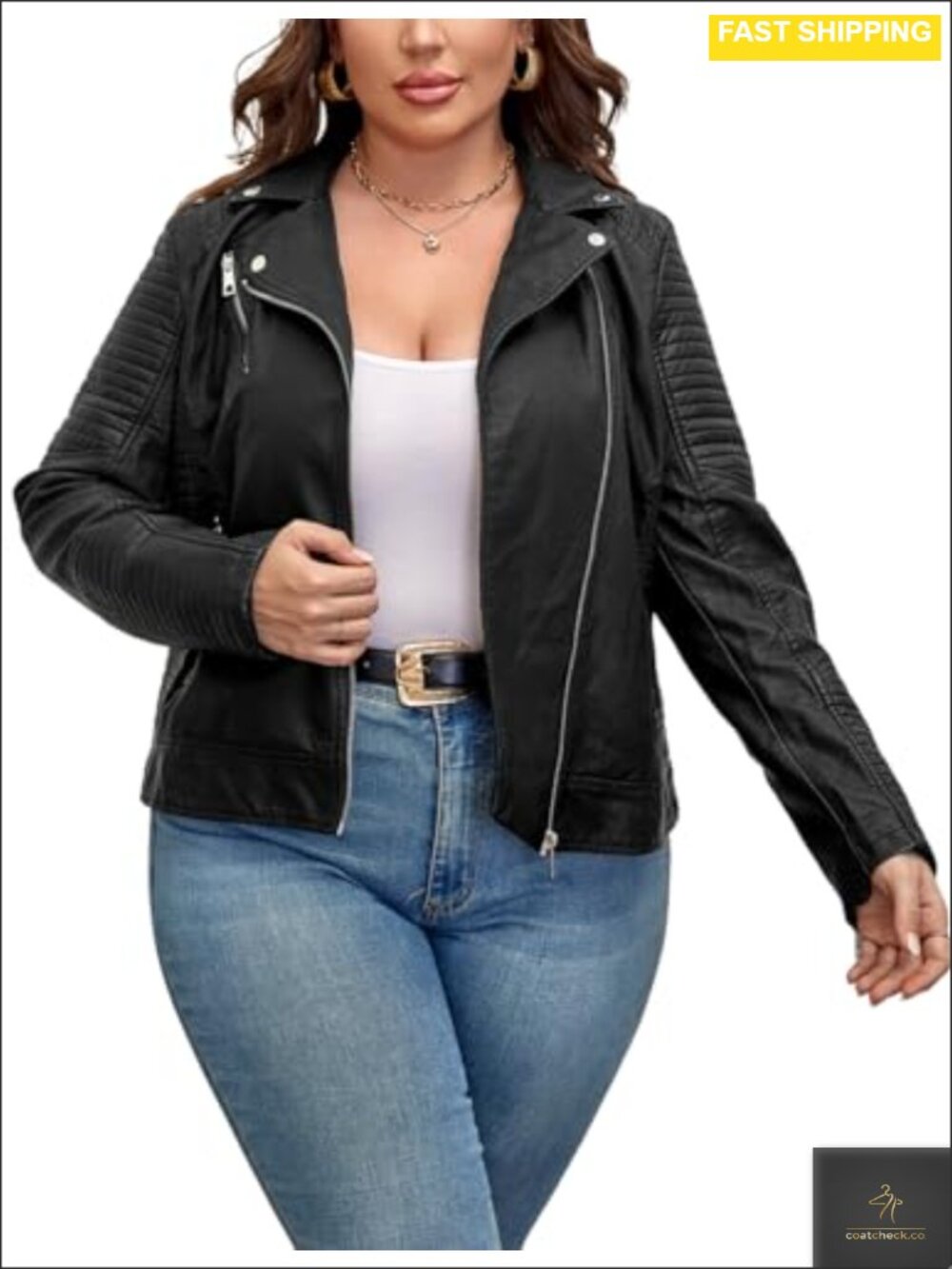 Faux Leather Moto Jacket Asymmetrical Zip Quilted Plus Size Biker Coat